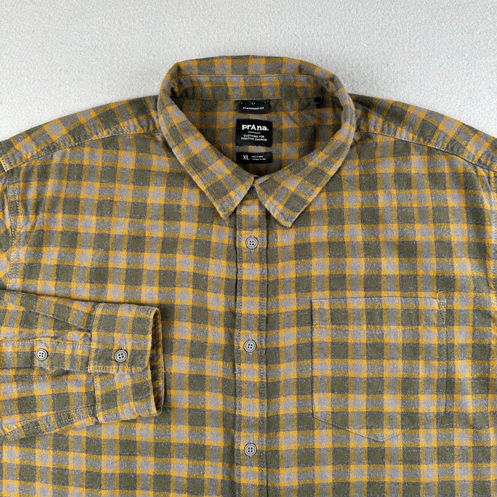 Prana Button Down Shirt Mens XL Yellow Plaid Organic Cotton Flannel Standard Fit